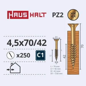 WOOD SCREW 4.5X70/42 YELLOW ZN (250)