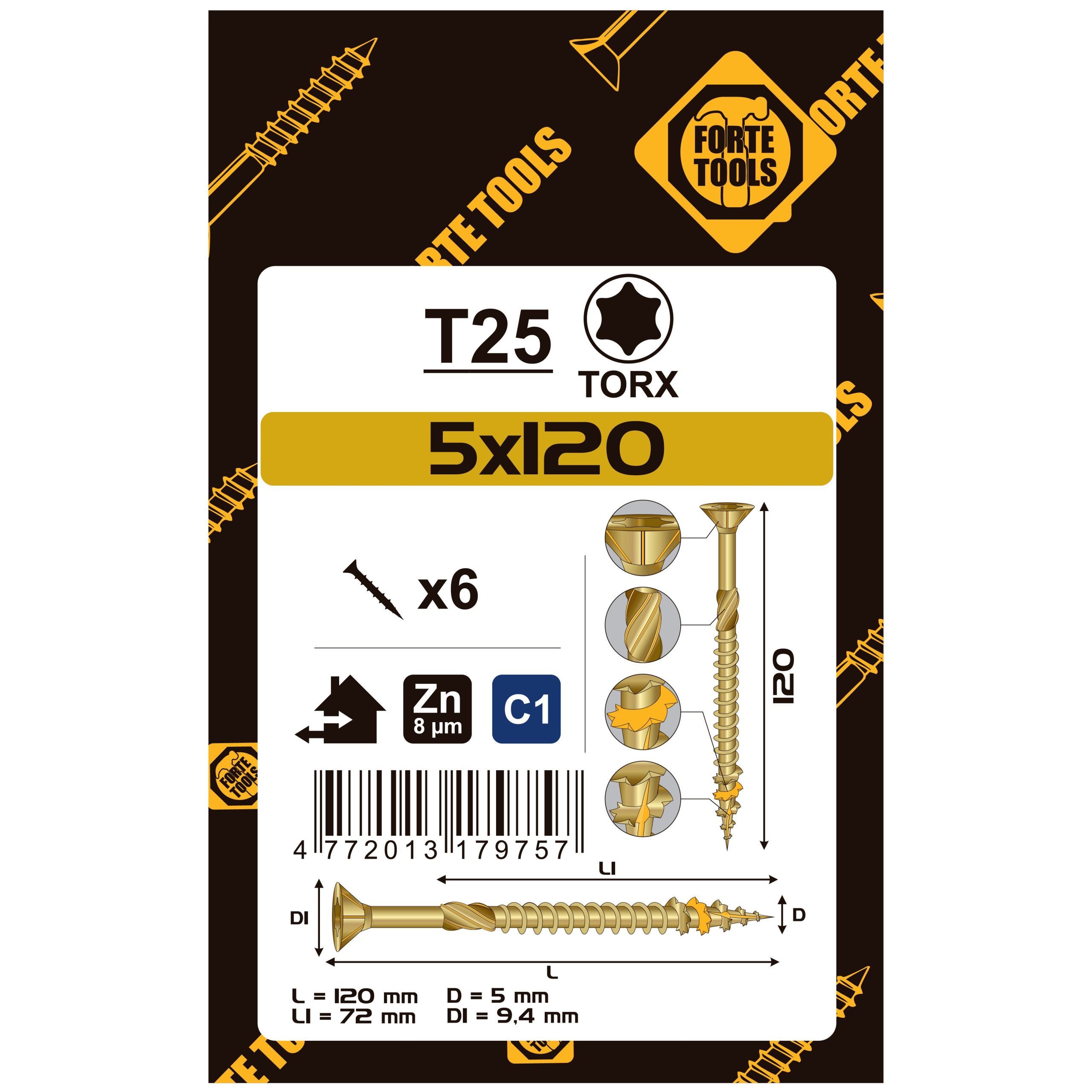 WOOD SCREW SCR T25 5.0X120/72 YELL ZN6
