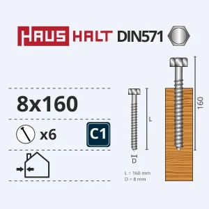 WOOD SCREWS DIN571 8.0X160 B.C. 6PCS