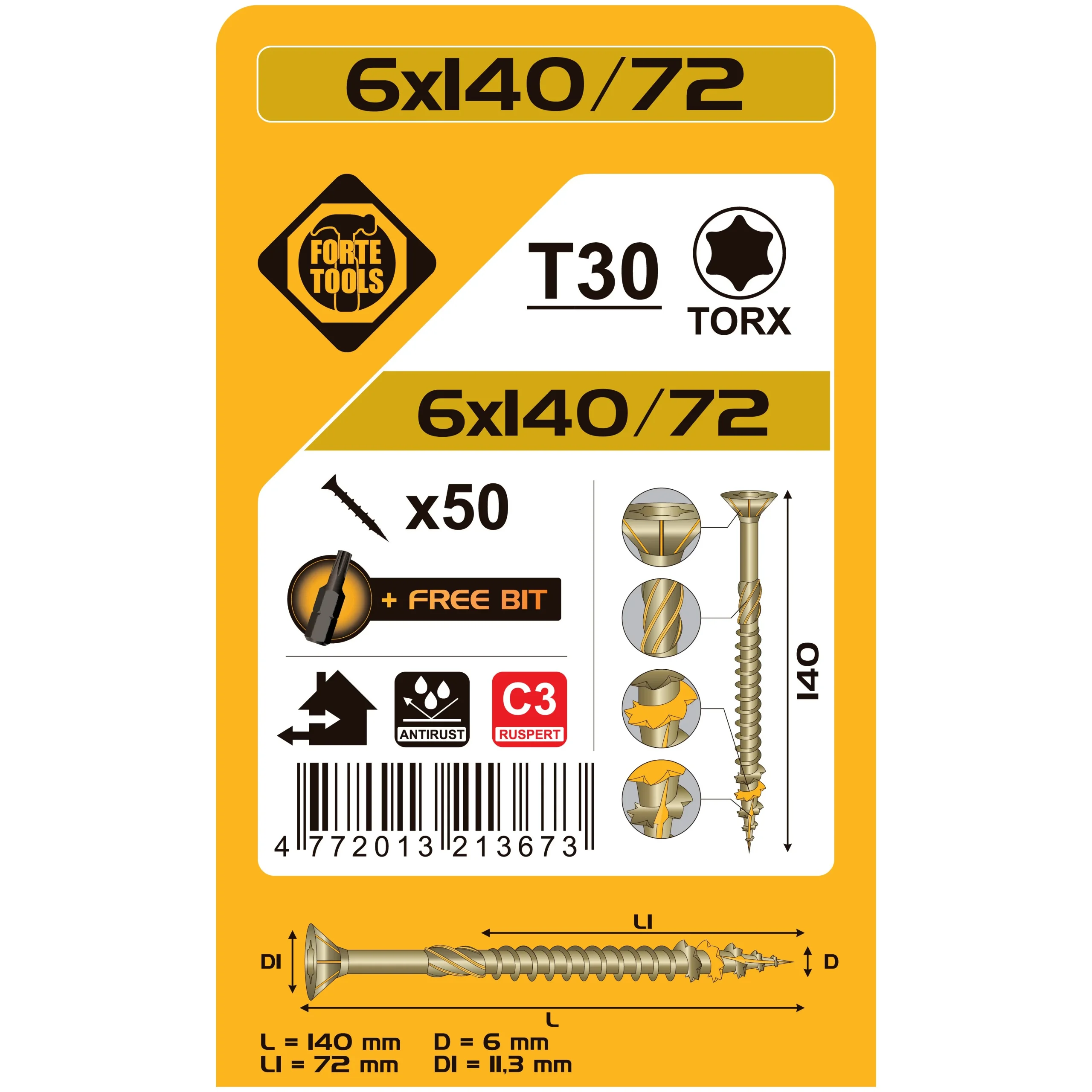 WOOD SCREWS 6X140/72MMRUSPERTTX30 50PCS.