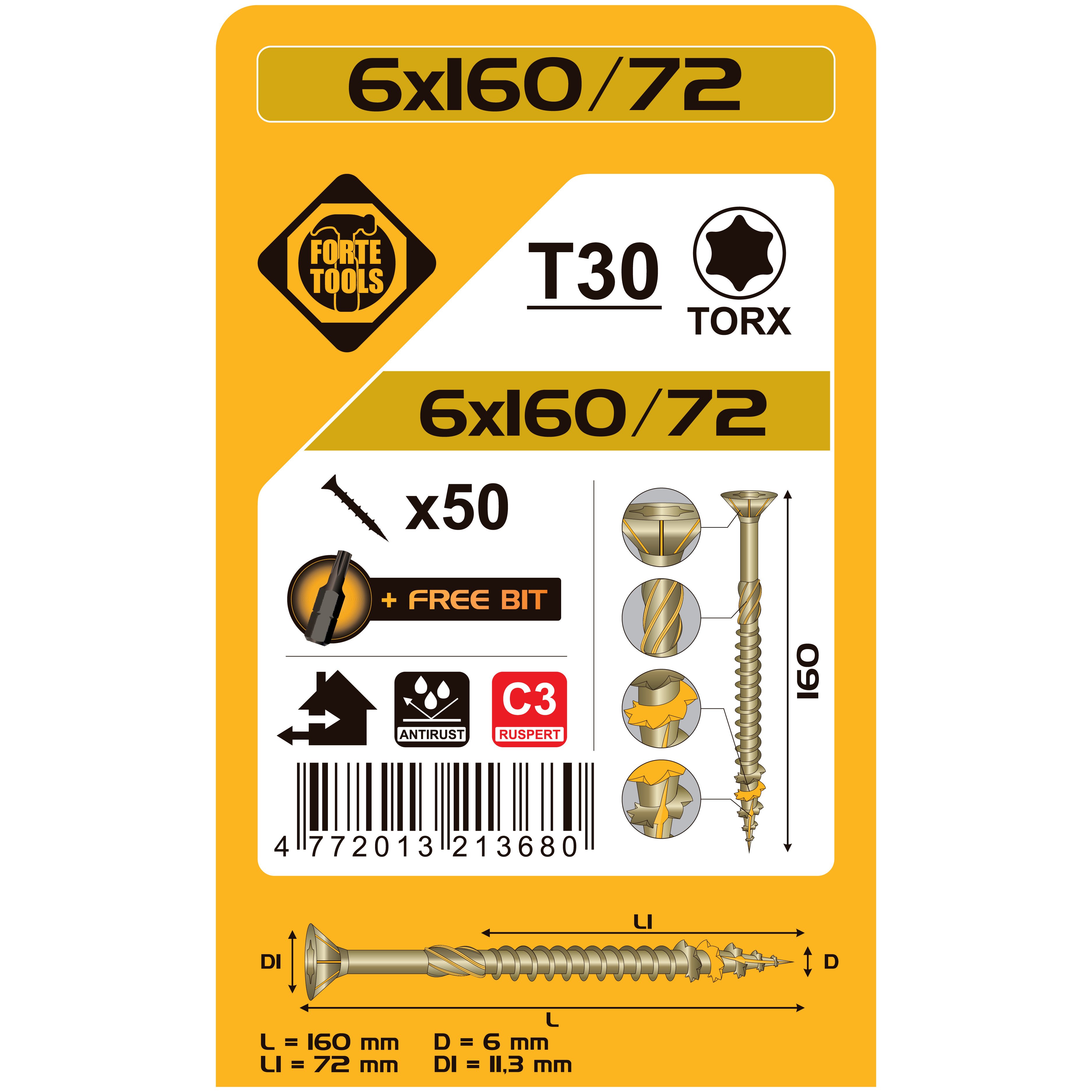 WOOD SCREWS 6X160/72MM RUSPERTTX30 50PCS.