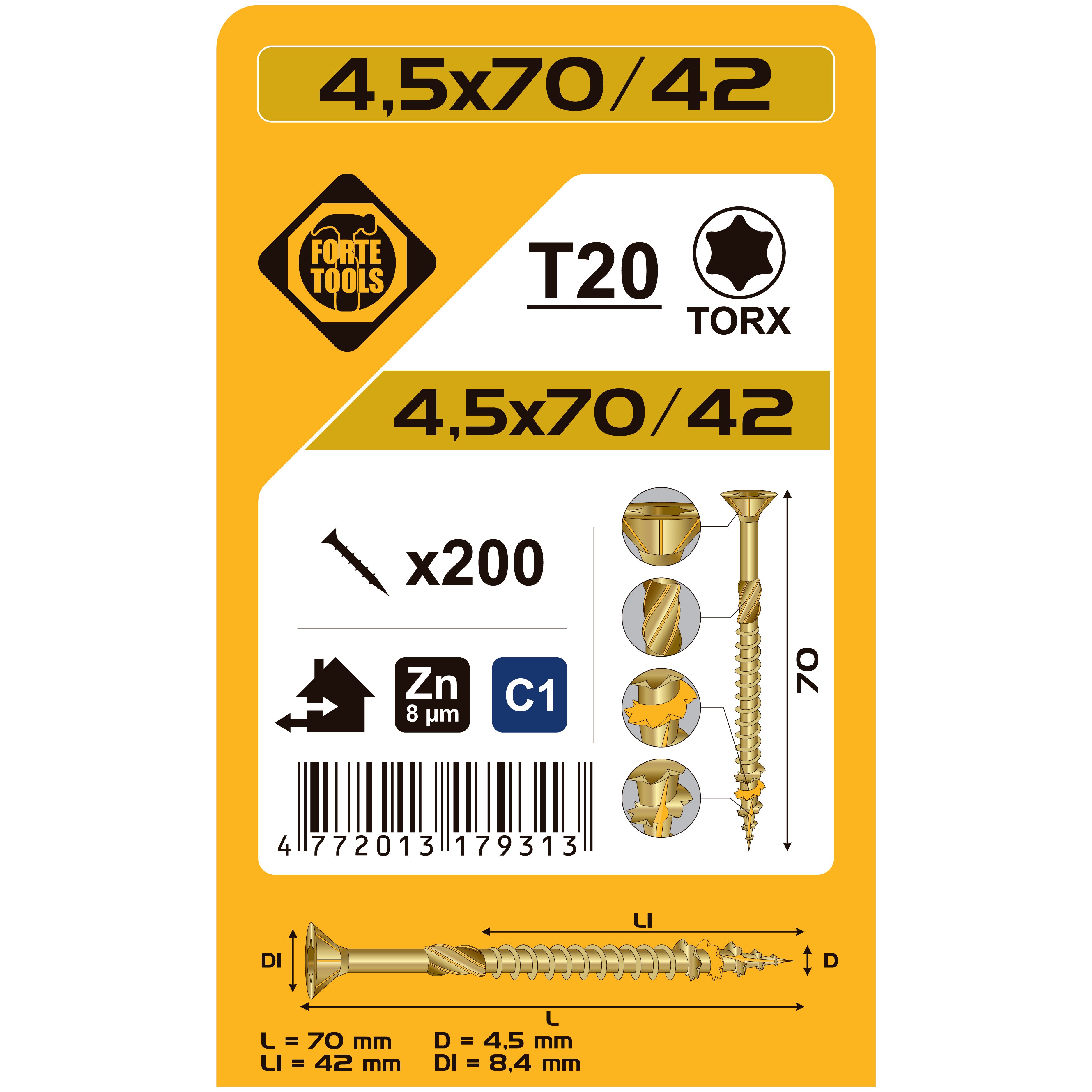 KOKA SKRŪVE T20 4.5X70/42 DZEL ZN 200GB