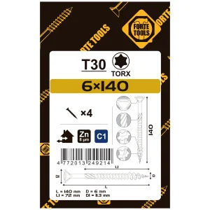 WOOD SCREWS 6X140/72 MM ZN TX30 4 PIECES.