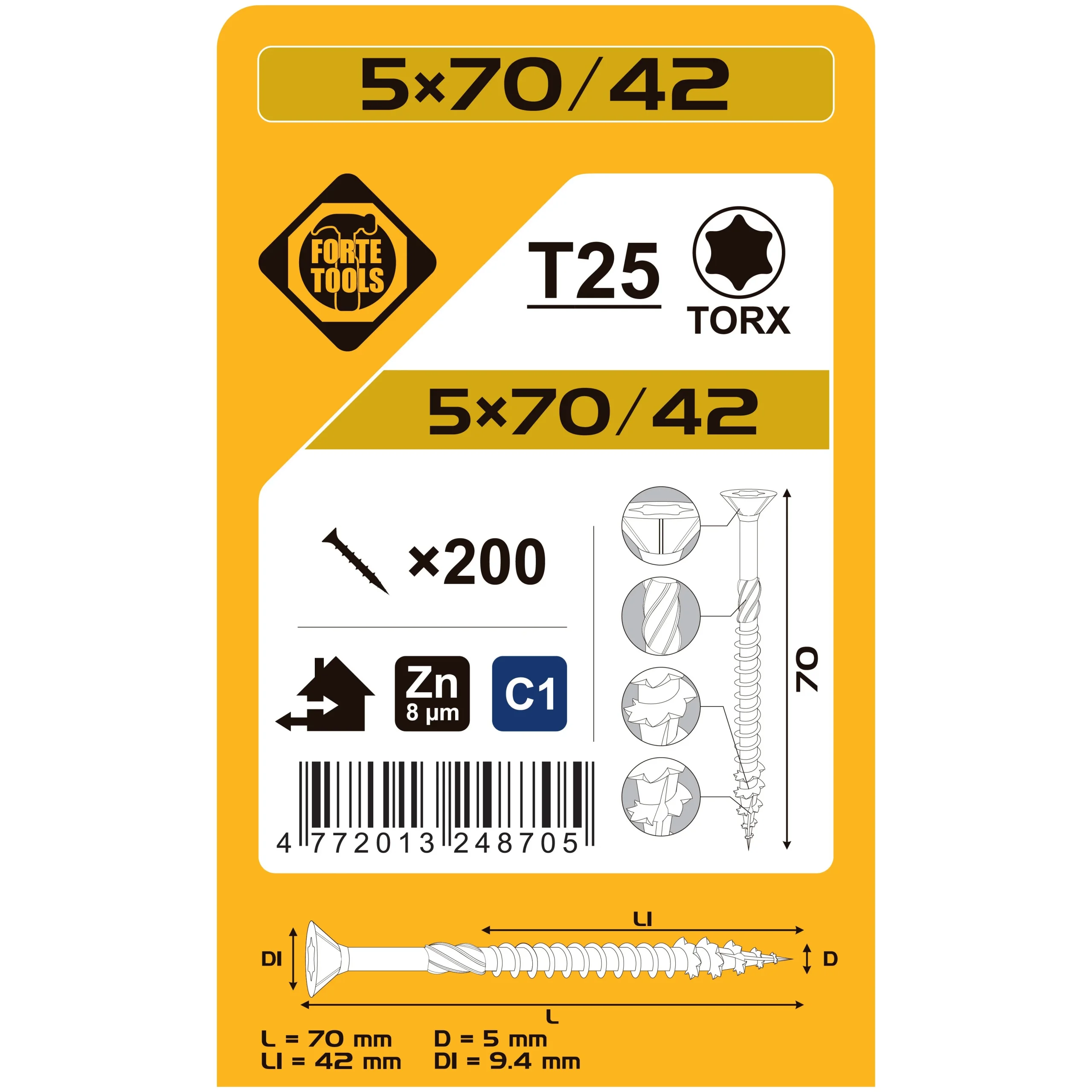 WOOD SCREWS 5X70/42 MM ZN TX25 200 PCS.