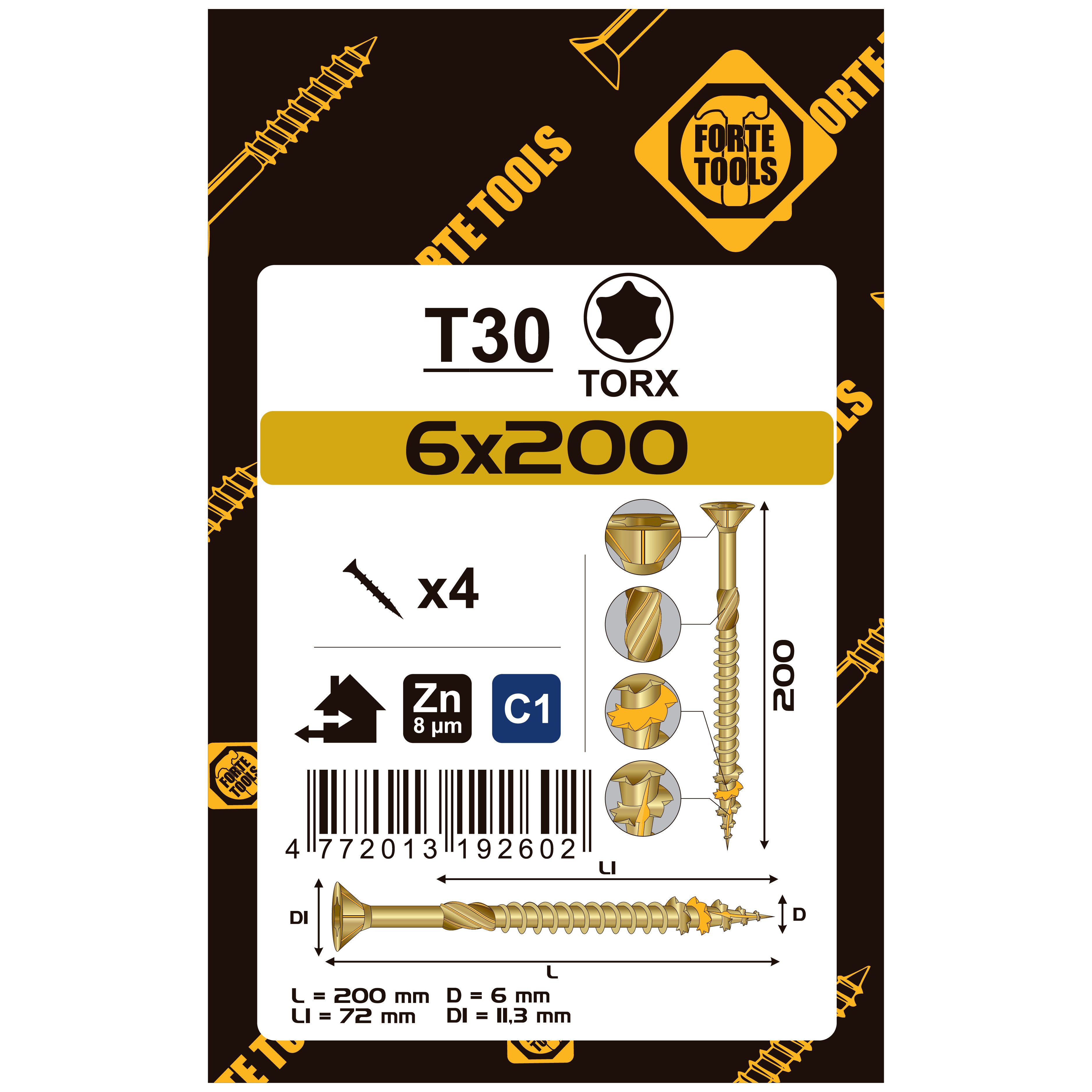 ВИНТ ДЛЯ ДЕРЕВА SCR T30 6.0X200/72 YELL ZN4