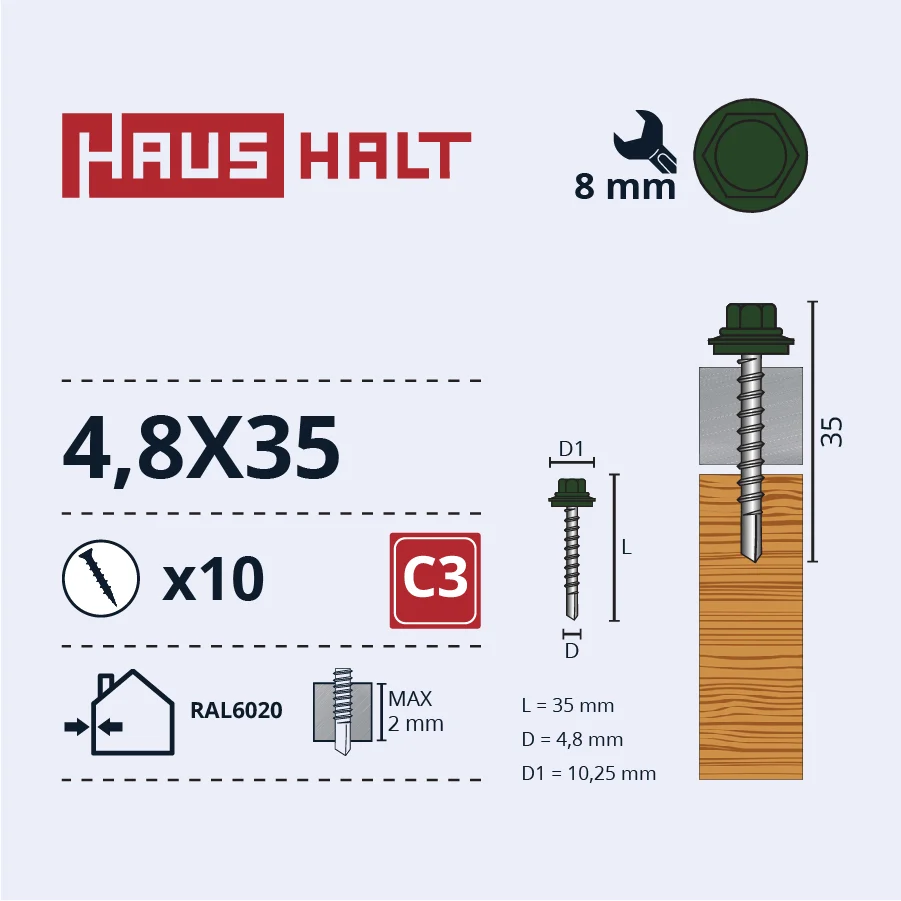SKRŪV.PAŠ4,8X35KOKA+EPMD RAL6020 10GB BL