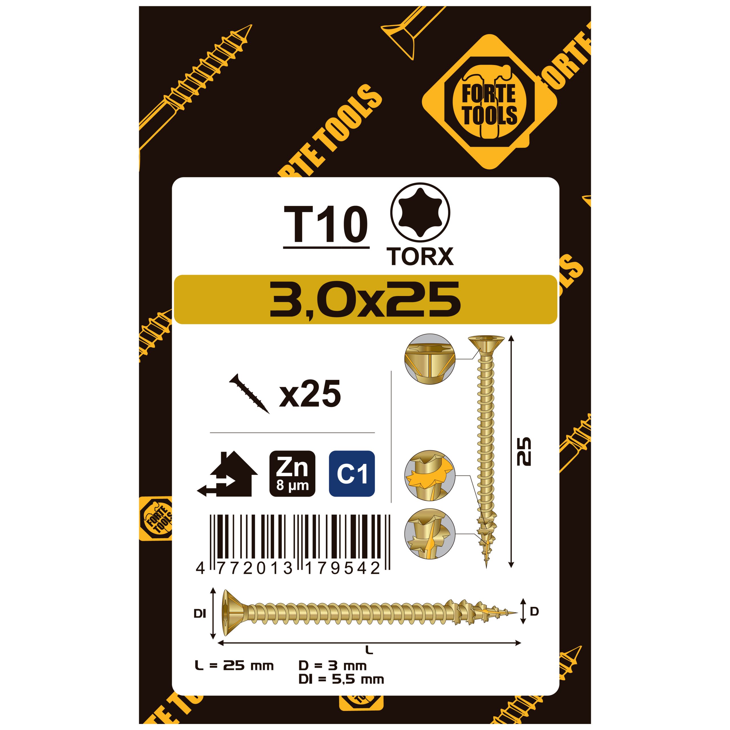 WOOD SCREW SCR T10 3.0X25 YELL ZN25PCS