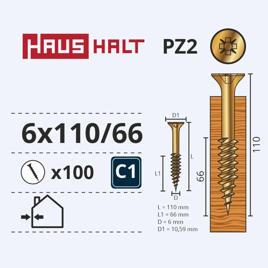 WOOD SCREW 6.0X110/66 YELLOW ZN (100)