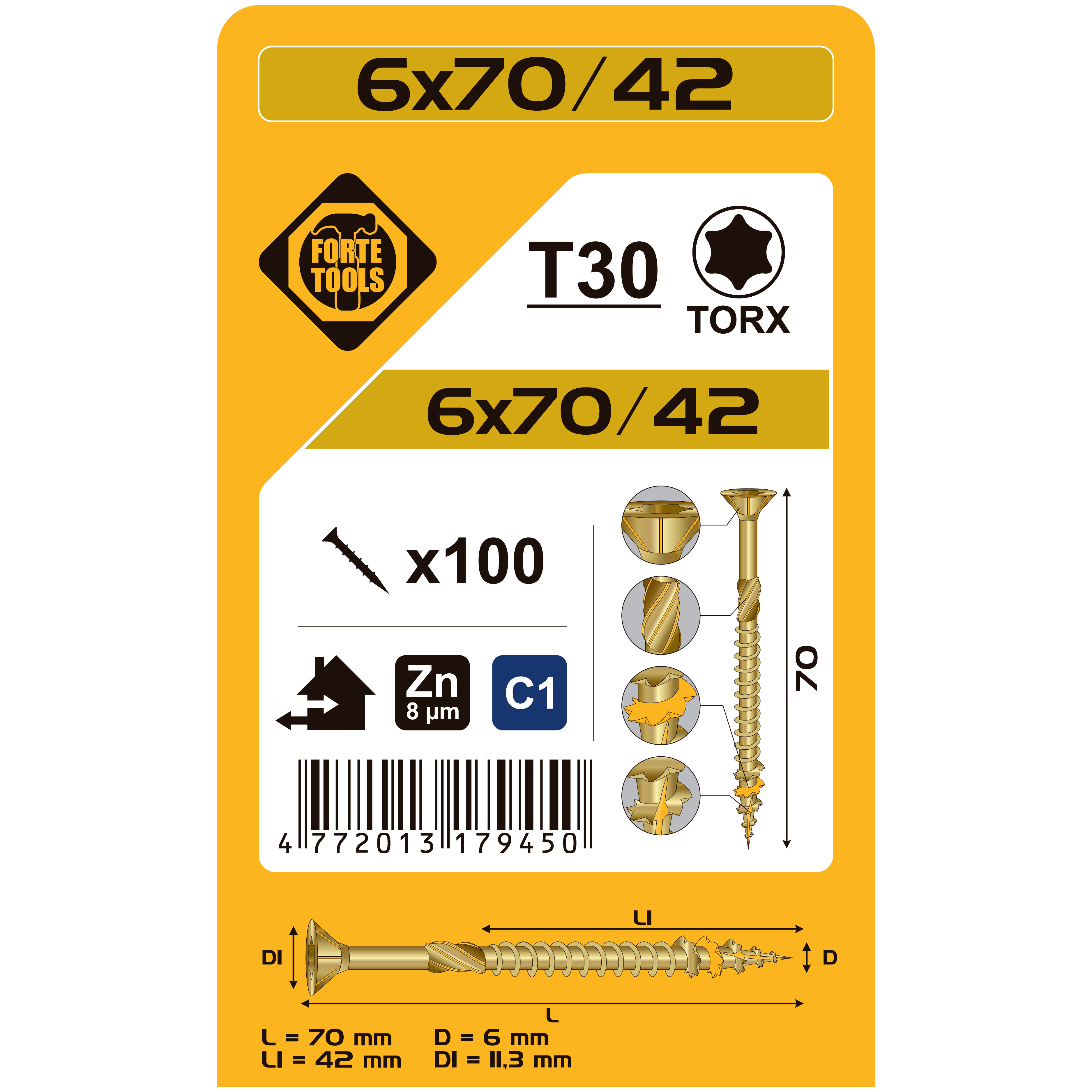 KOKA SKRŪVE T30 6.0X70/42 DZEL ZN 100GB