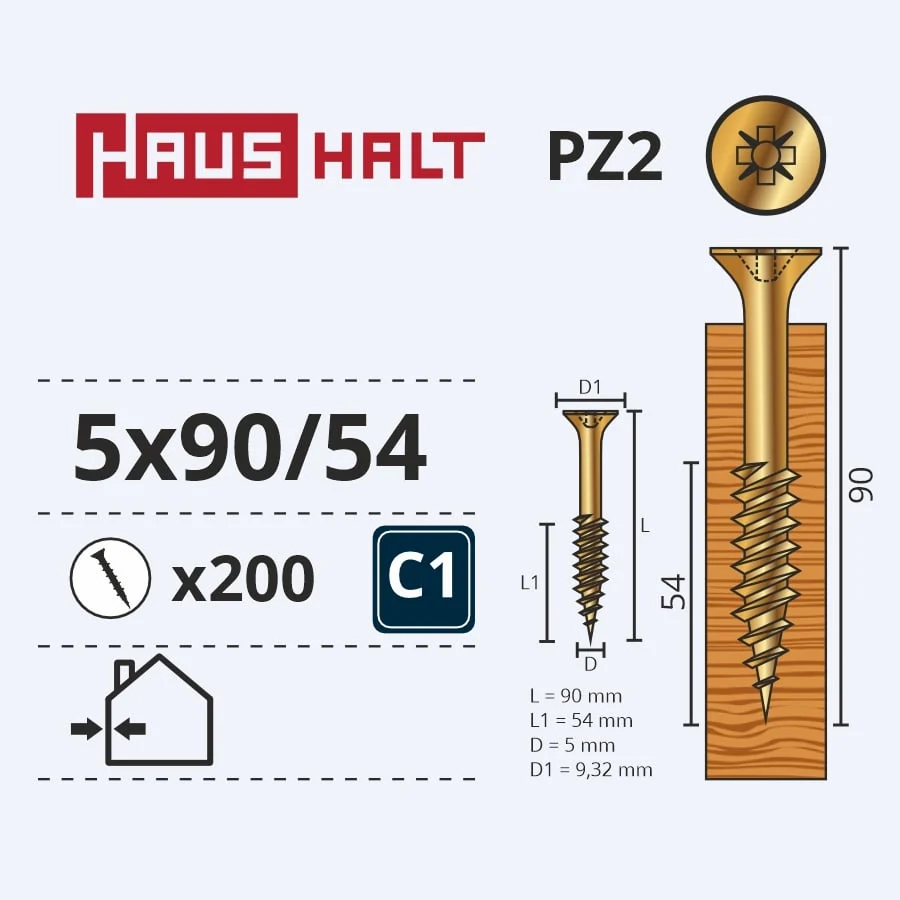 WOOD SCREW 5.0X90/54 YELLOW ZN (200)
