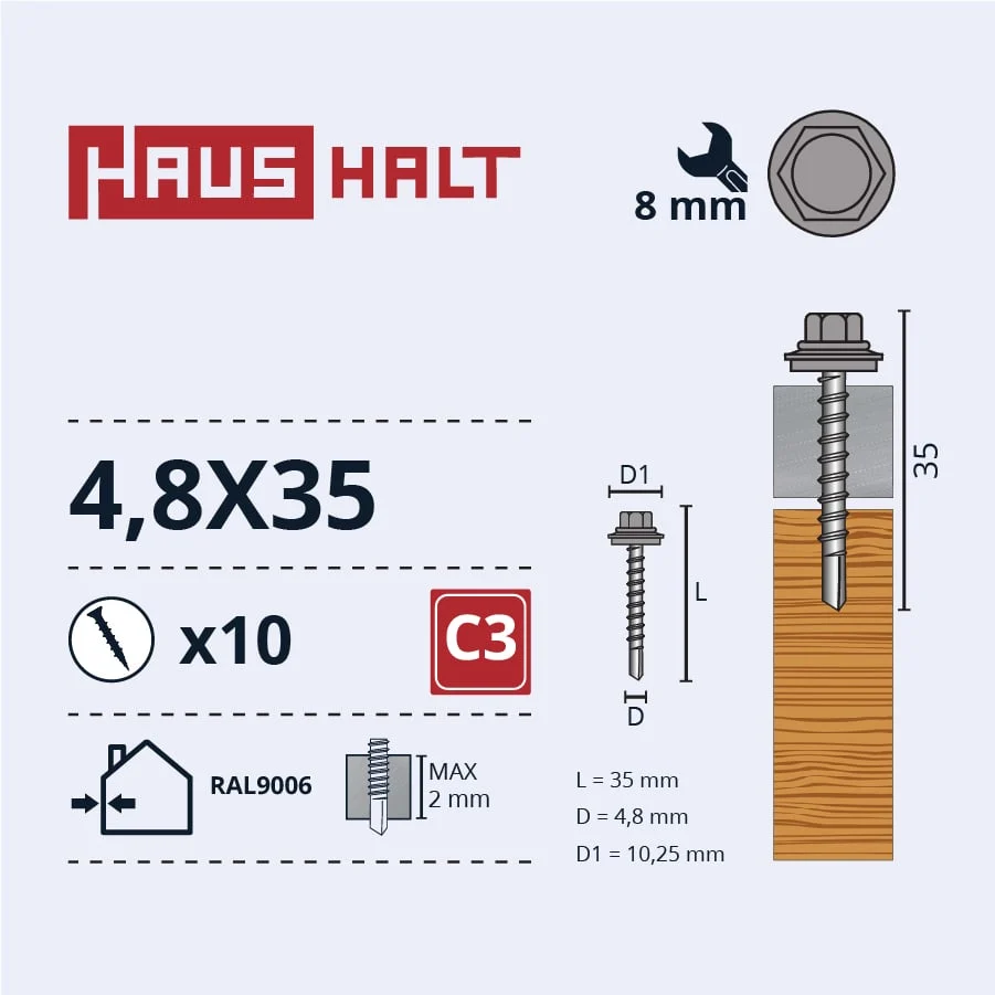 ШАПКА.САМ 4,8Х35 ДЕРЕВО+EPMD RAL9006 10ШТ BL