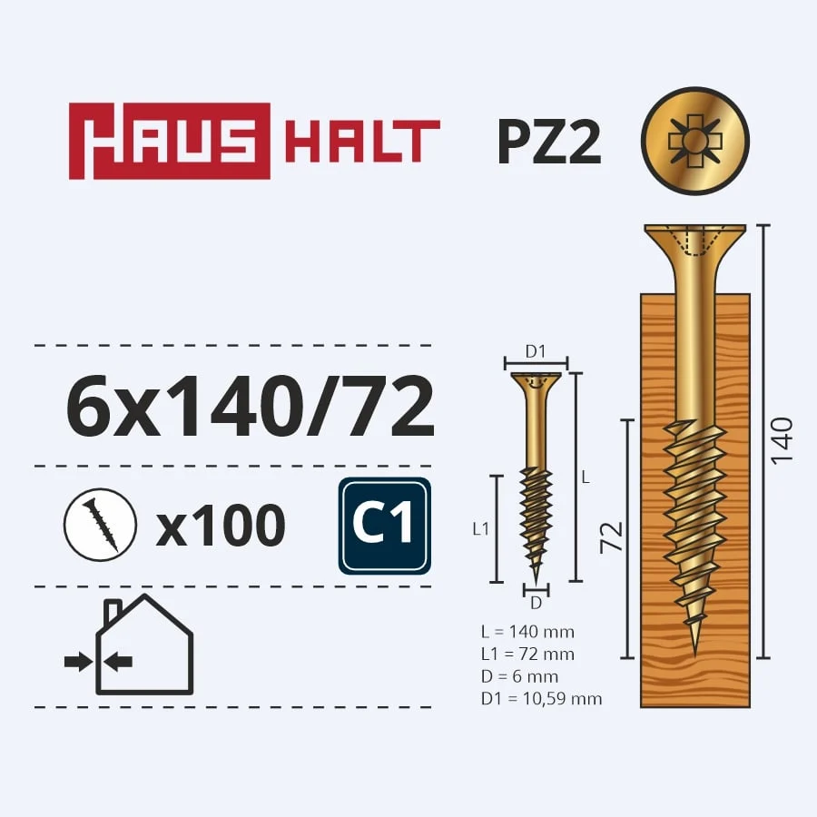 WOOD SCREW 6.0X140/72 YELLOW ZN (100)