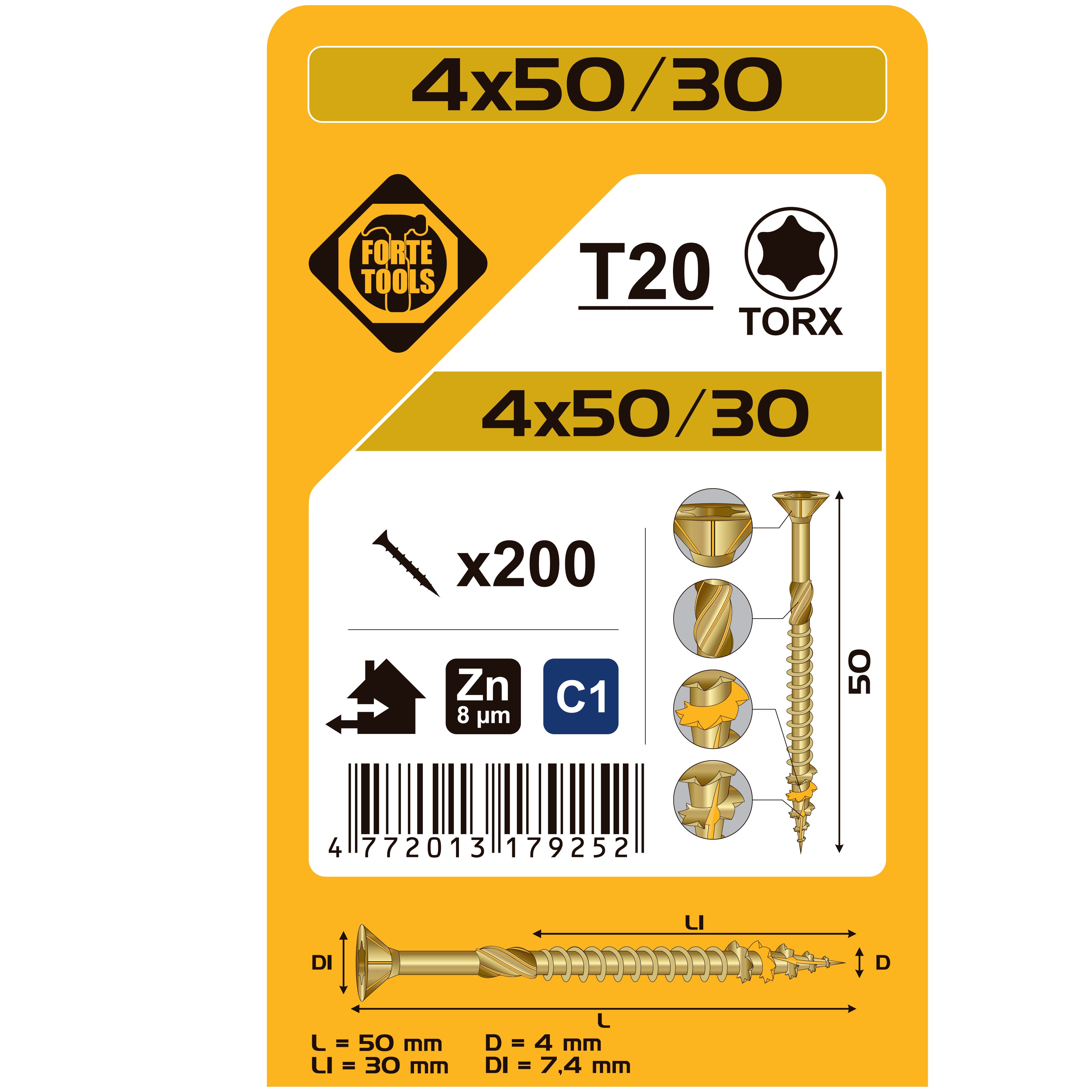 KOKA SKRŪVE T20 4.0X50/30 DZEL ZN 200GB