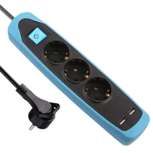 PAGARINĀTĀJS 3P+2USB 2M MELNA/ZILA