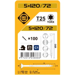 WOOD SCREWS 5X120/72 MM ZN TX25 100PCS.