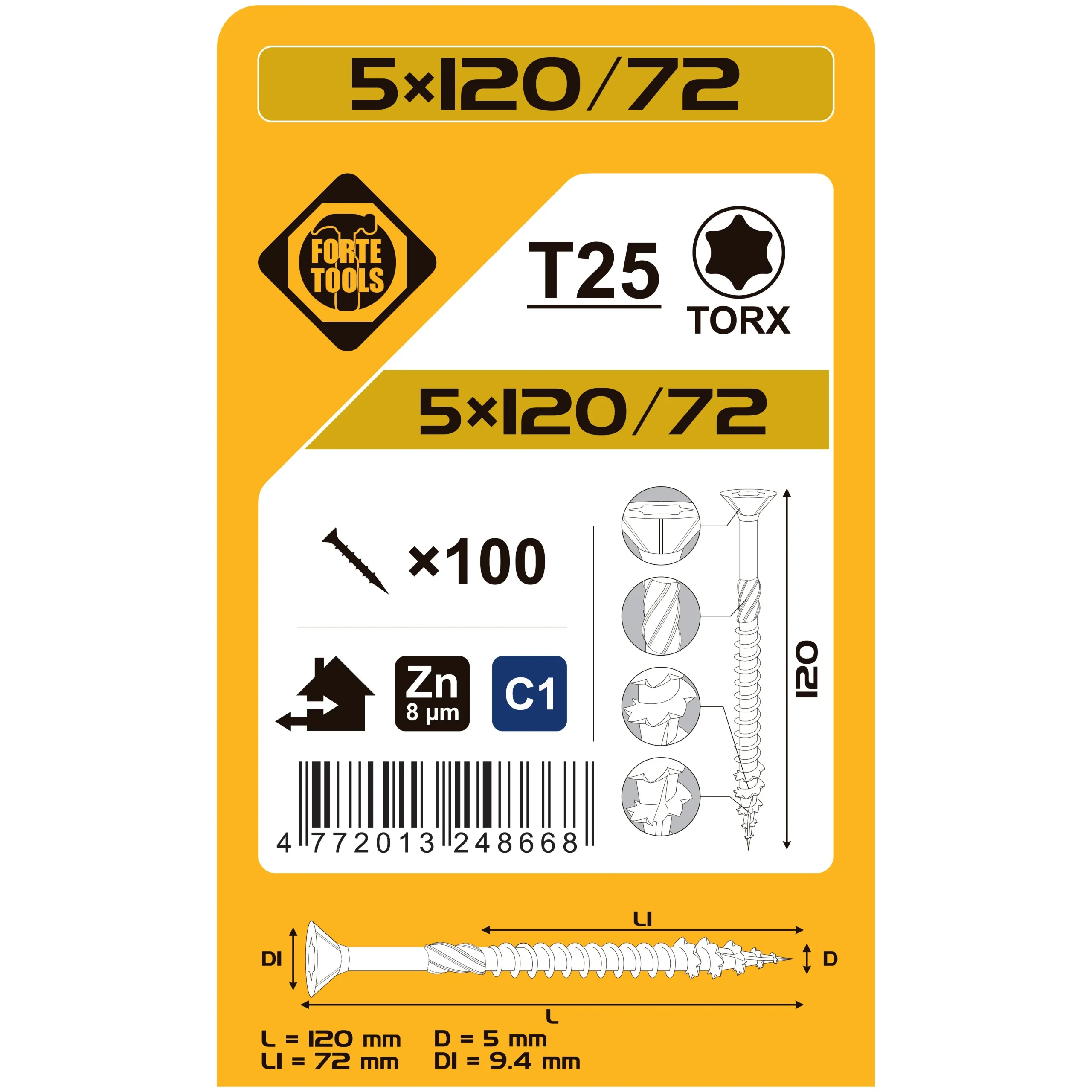 WOOD SCREWS 5X120/72 MM ZN TX25 100PCS.