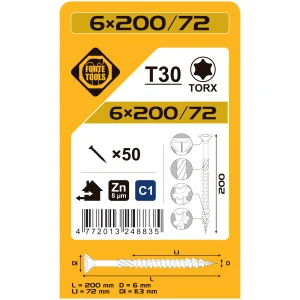 WOOD SCREWS 6X200/72 MM ZN TX30 50 PCS.
