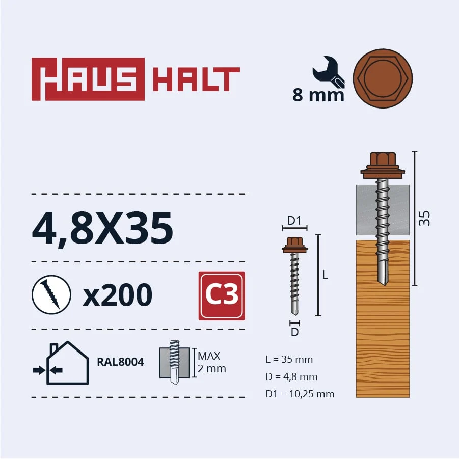 ВИНТ С АВТОРЕЗЬБОЙ 4,8X35ДЛЯ ДЕРЕВА RAL8004(200)