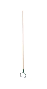 A HOE WITH A WOODEN HANDLE