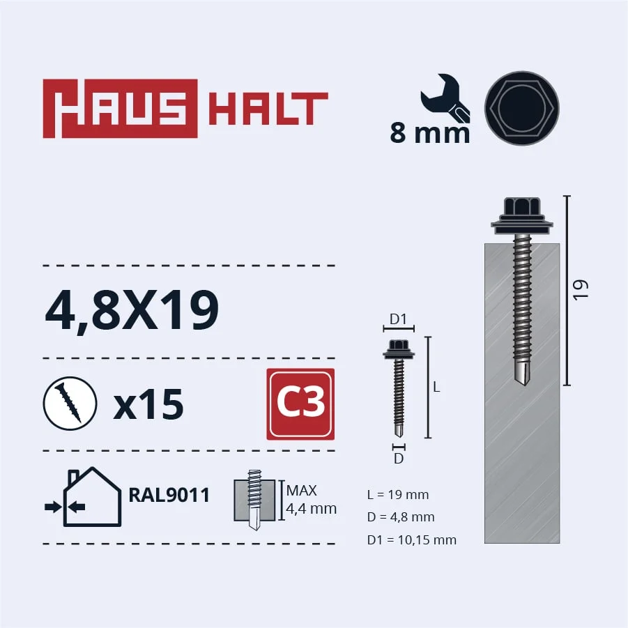 SKRŪV.PAŠ4,8X19 MET+EPDM RAL9011 15GB BL