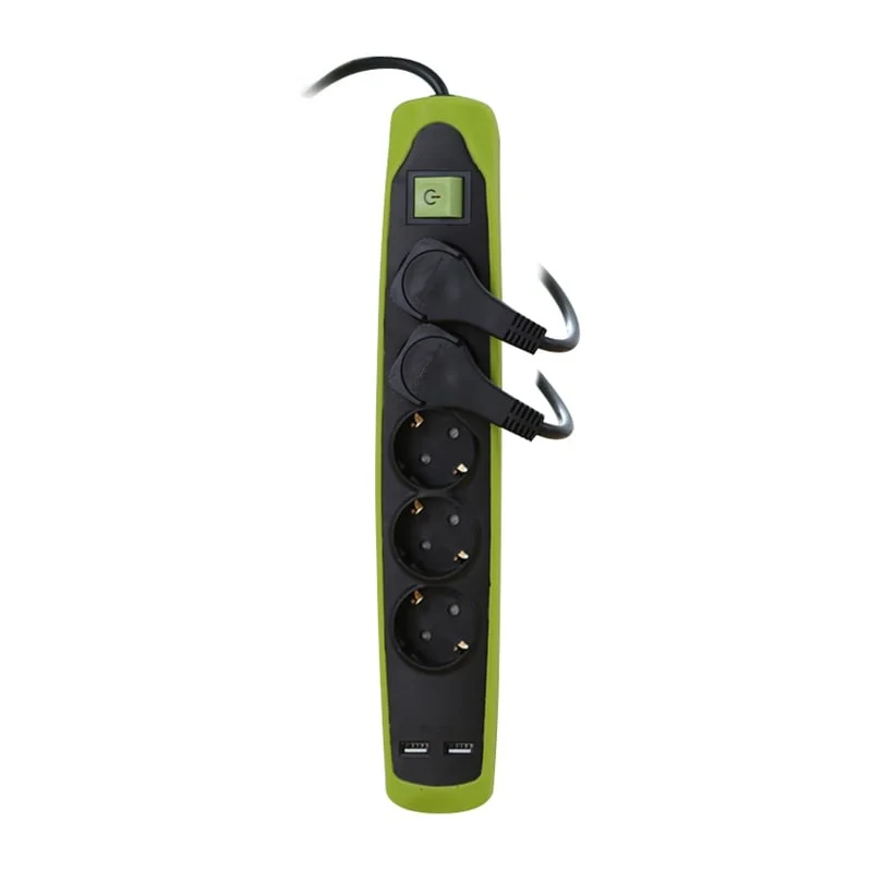 PAGARINĀTĀJS 5P+2USB 2M MELNA/ZAĻA