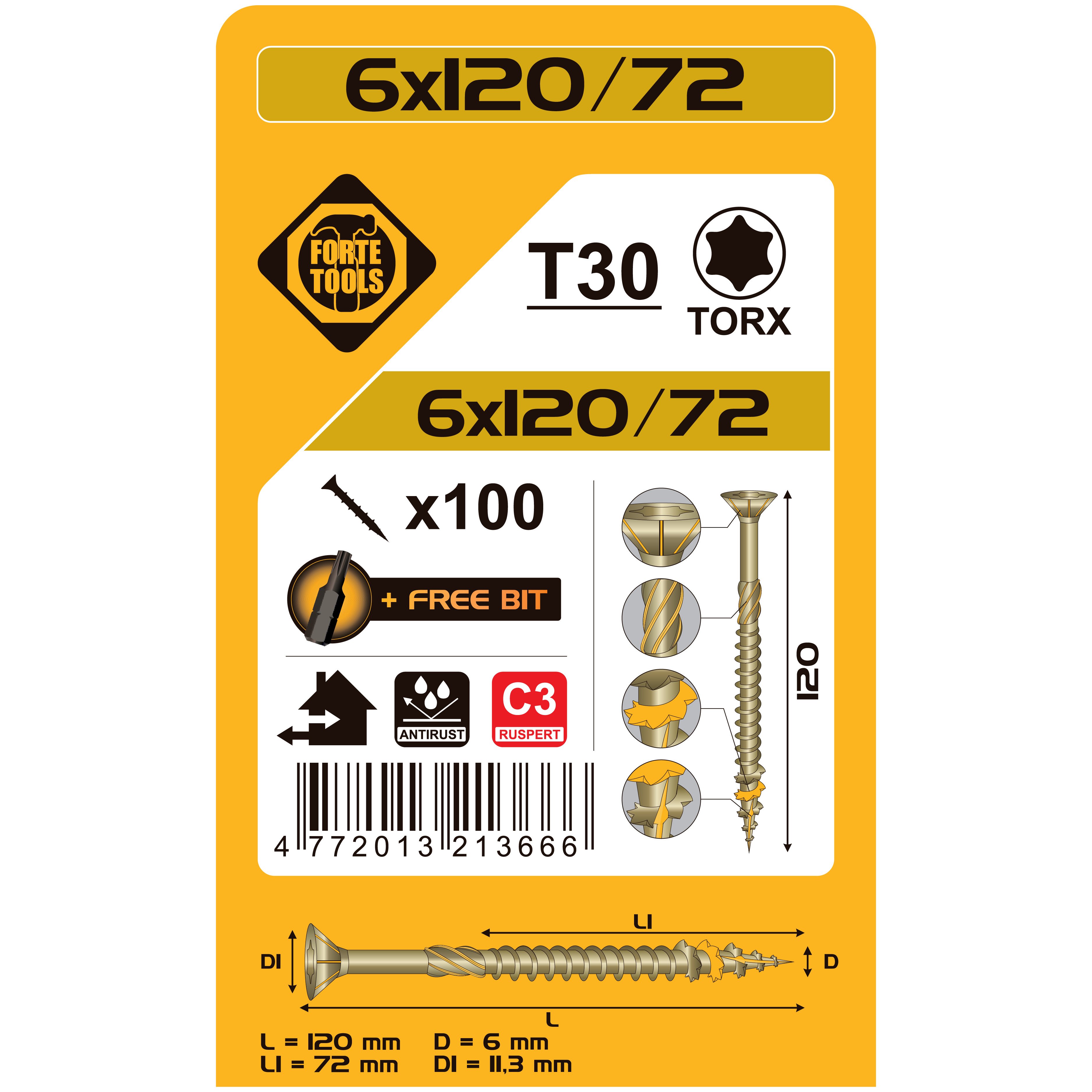 WOOD SCREWS 6X120/72MMRUSPERTTX30 100PCS.