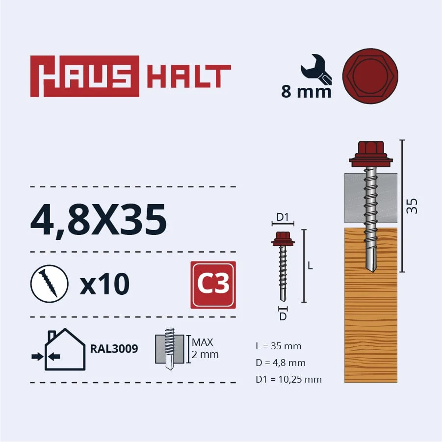 SKRŪV.PAŠ4,8X35KOKA+EPMD RAL3009 10GB BL