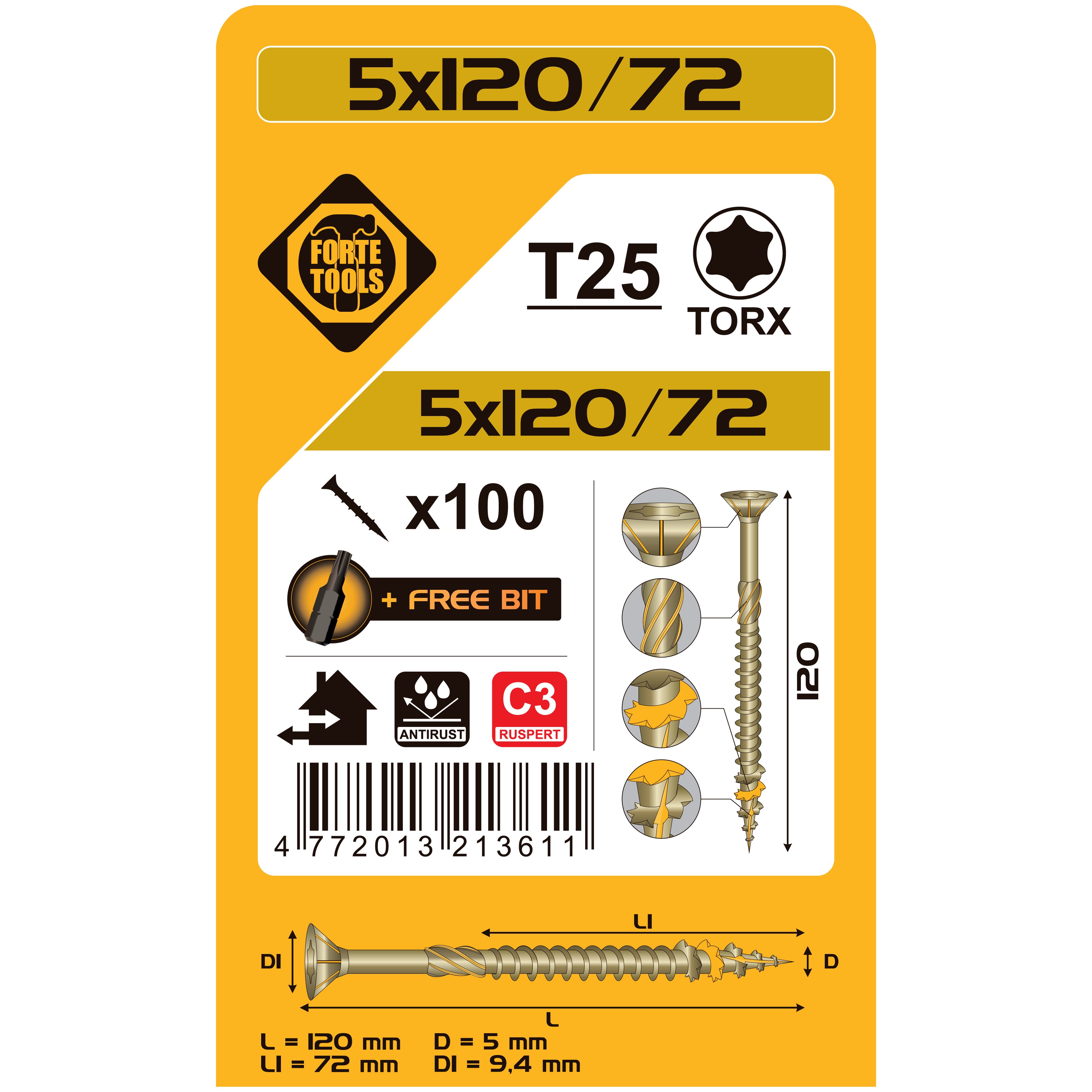 WOOD SCREWS 5X120/72MMRUSPERTTX25 100PCS.