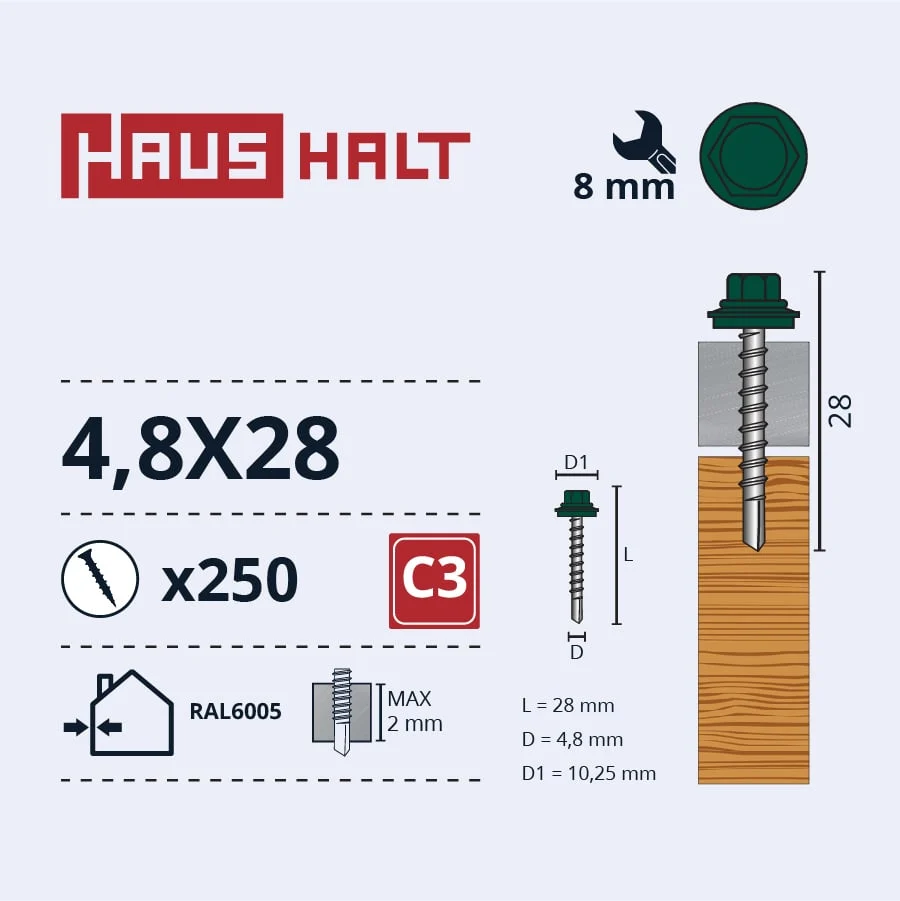 САМОРЕЗ 4,8X28 ДЛЯ ДЕРЕВА RAL6005(250)