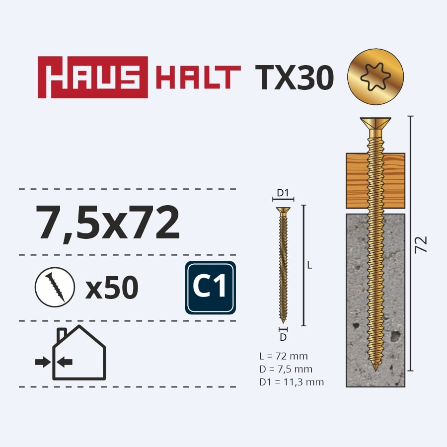 SCREW FOR CONCRETE 7.5X72MM 50PCS