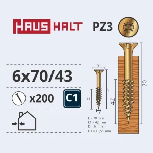 WOOD SCREW 6.0X70/42 YELLOW ZN (200)