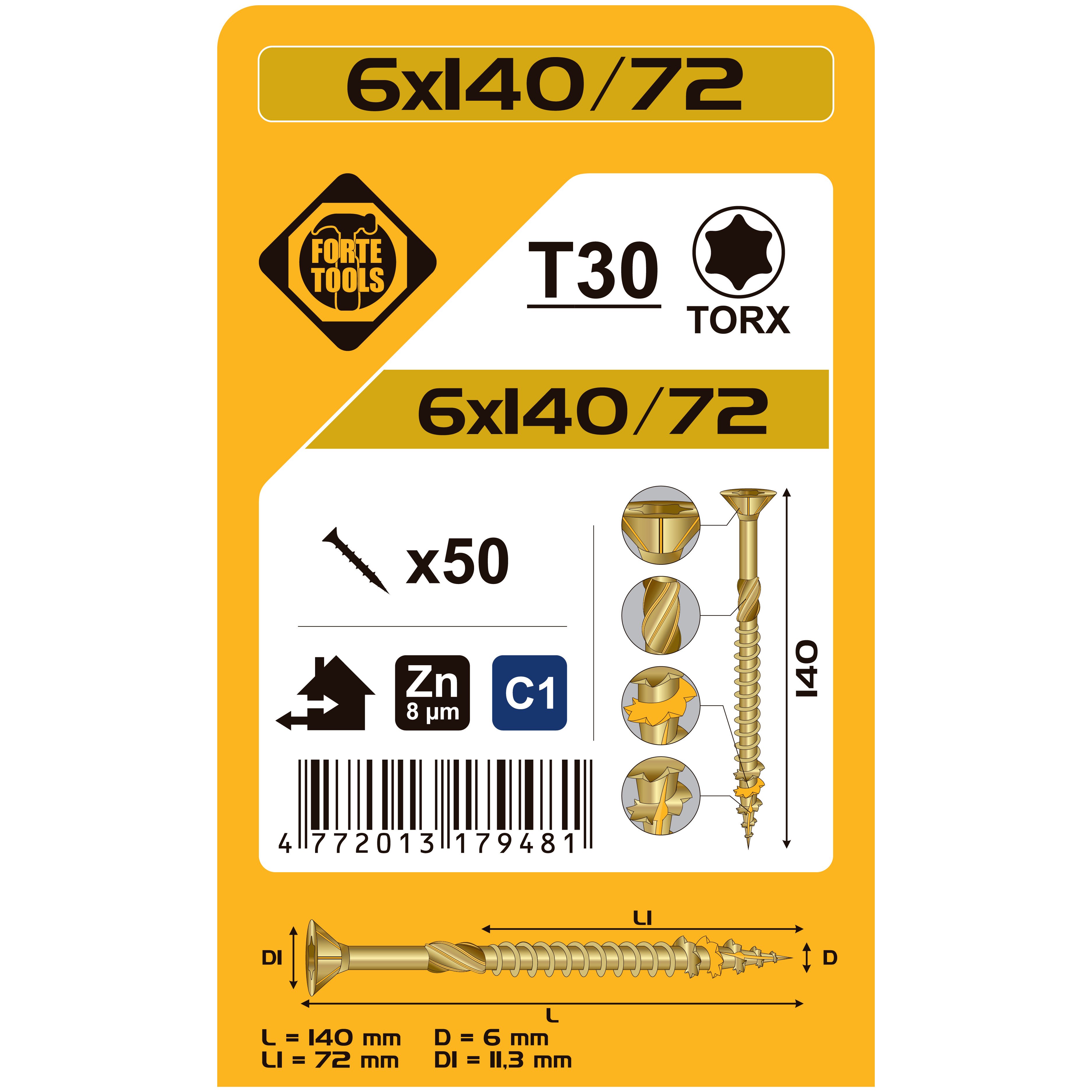 WOOD SCREW SCR T30 6.0X140/72 YELLZN50