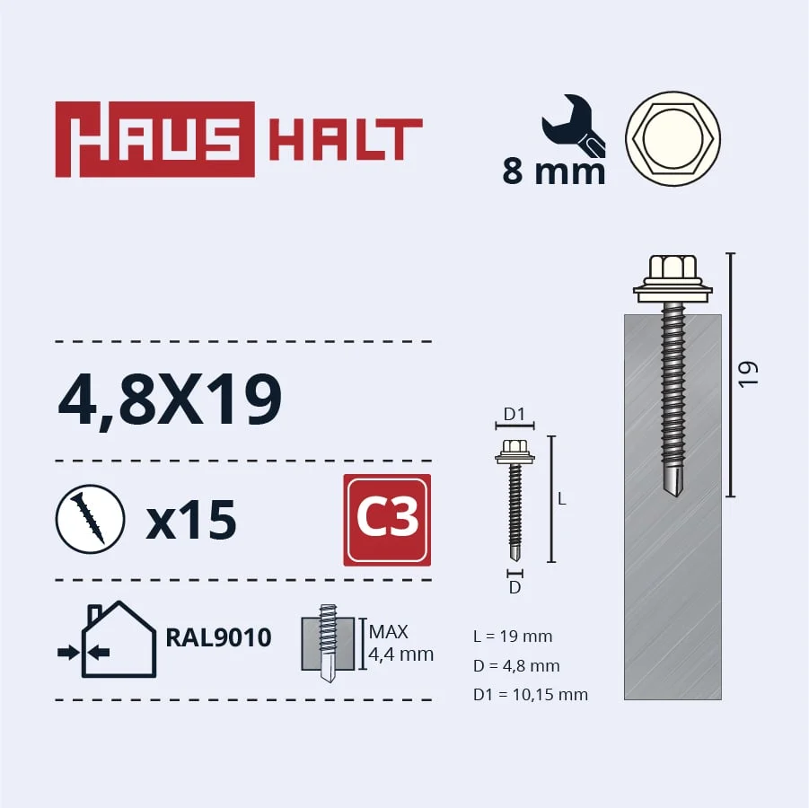 SKRŪV.PAŠ4,8X19 MET+EPDM RAL9010 15GB BL