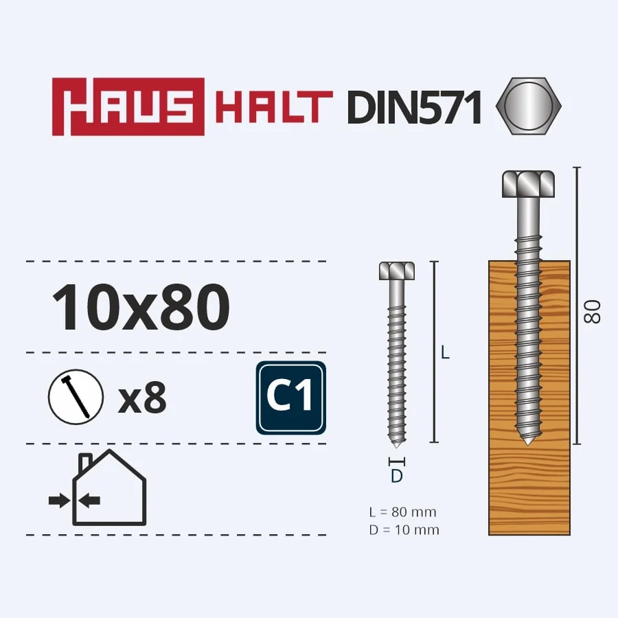 WOOD SCREWS DIN571 10.0X80 B.C. 8PCS