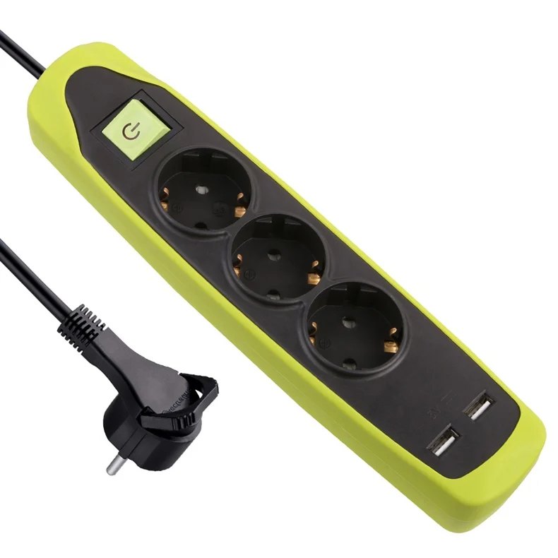 PAGARINĀTĀJS 3P+2USB 2M MELNA/ZAĻA