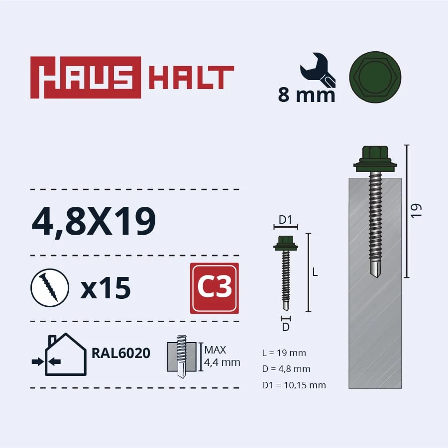 SKRŪV.PAŠ4,8X19 MET+EPDM RAL6020 15GB BL
