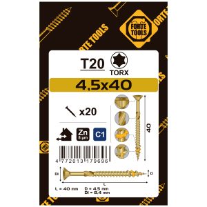 WOOD SCREW SCR T20 4.5X40 YELL ZN20PCS
