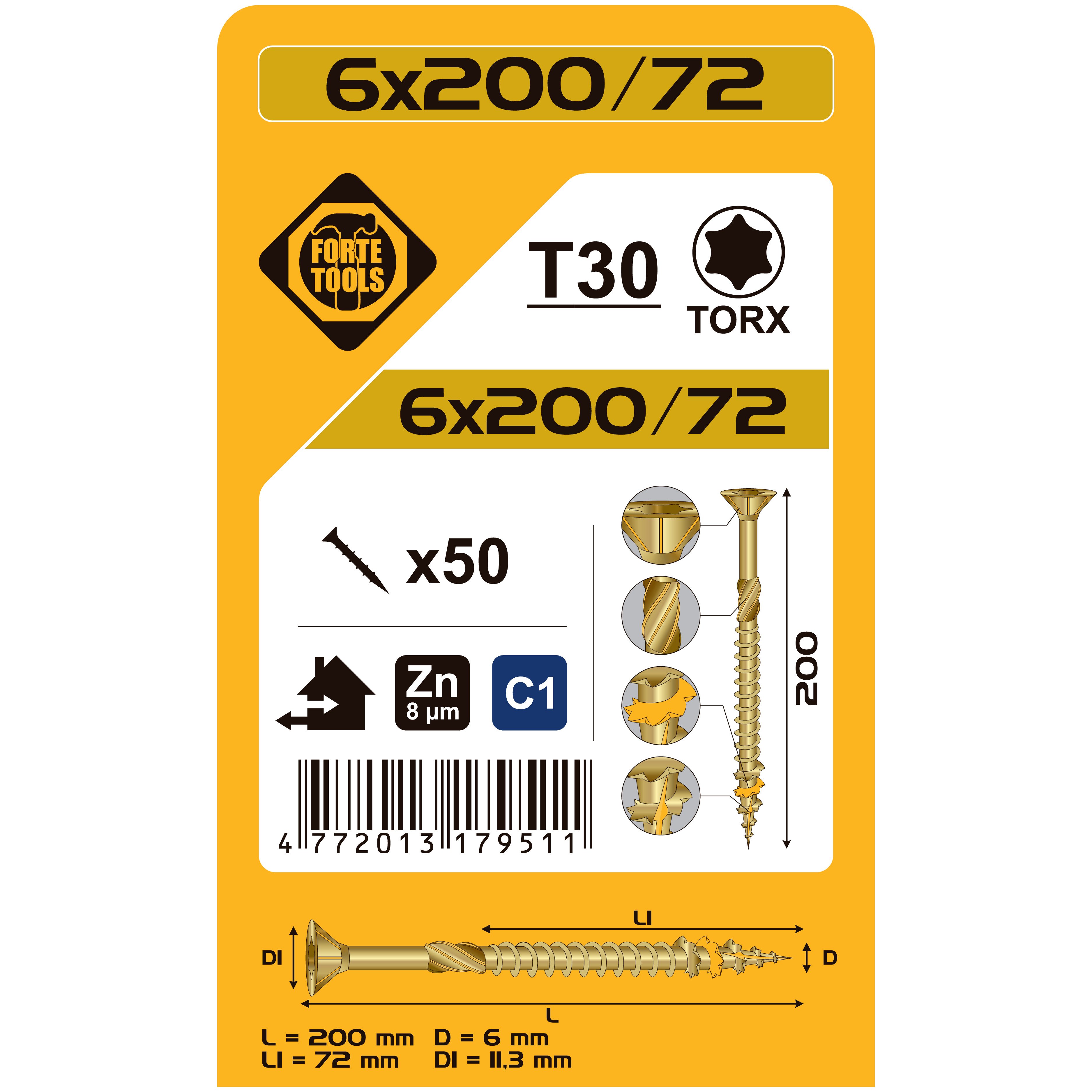 ВИНТ ДЛЯ ДЕРЕВА SCR T30 6.0X200/72 YELLZN50