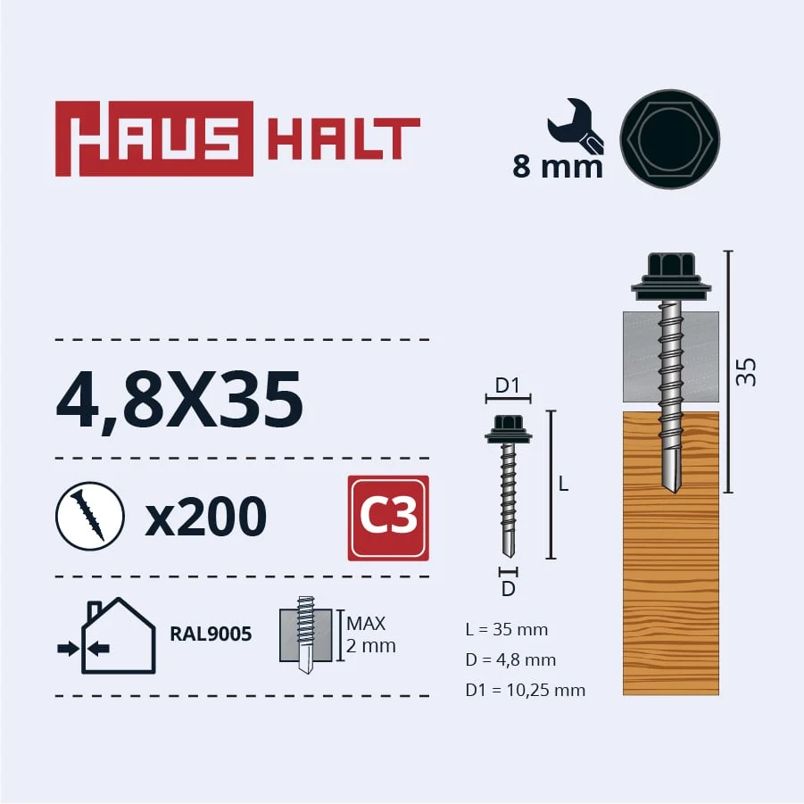 SCREW SELF TAPPING 4,8X35 FOR WOOD RAL9005(200)