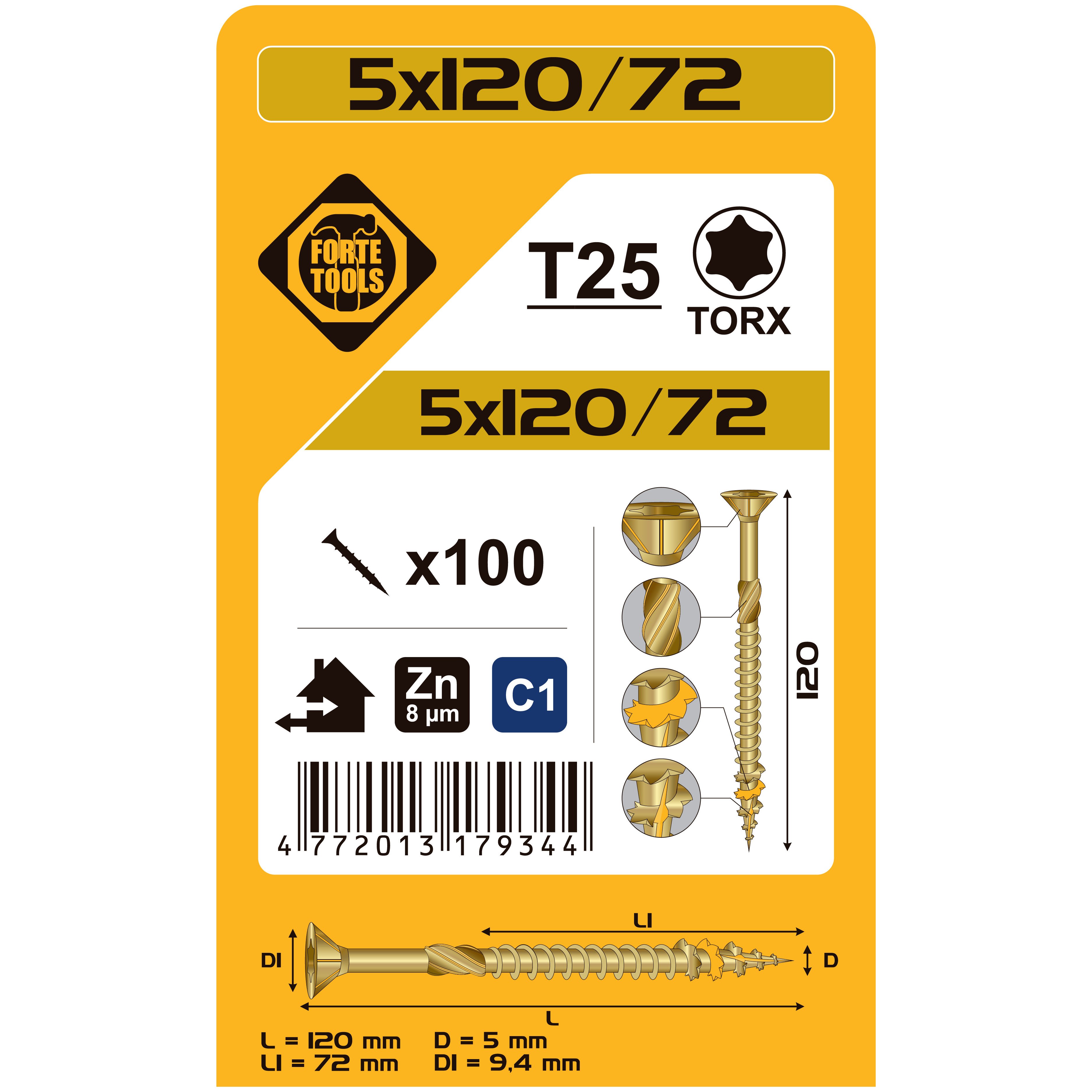 KOKA SKRŪVE T25 5.0X120/72 DZEL ZN 100GB