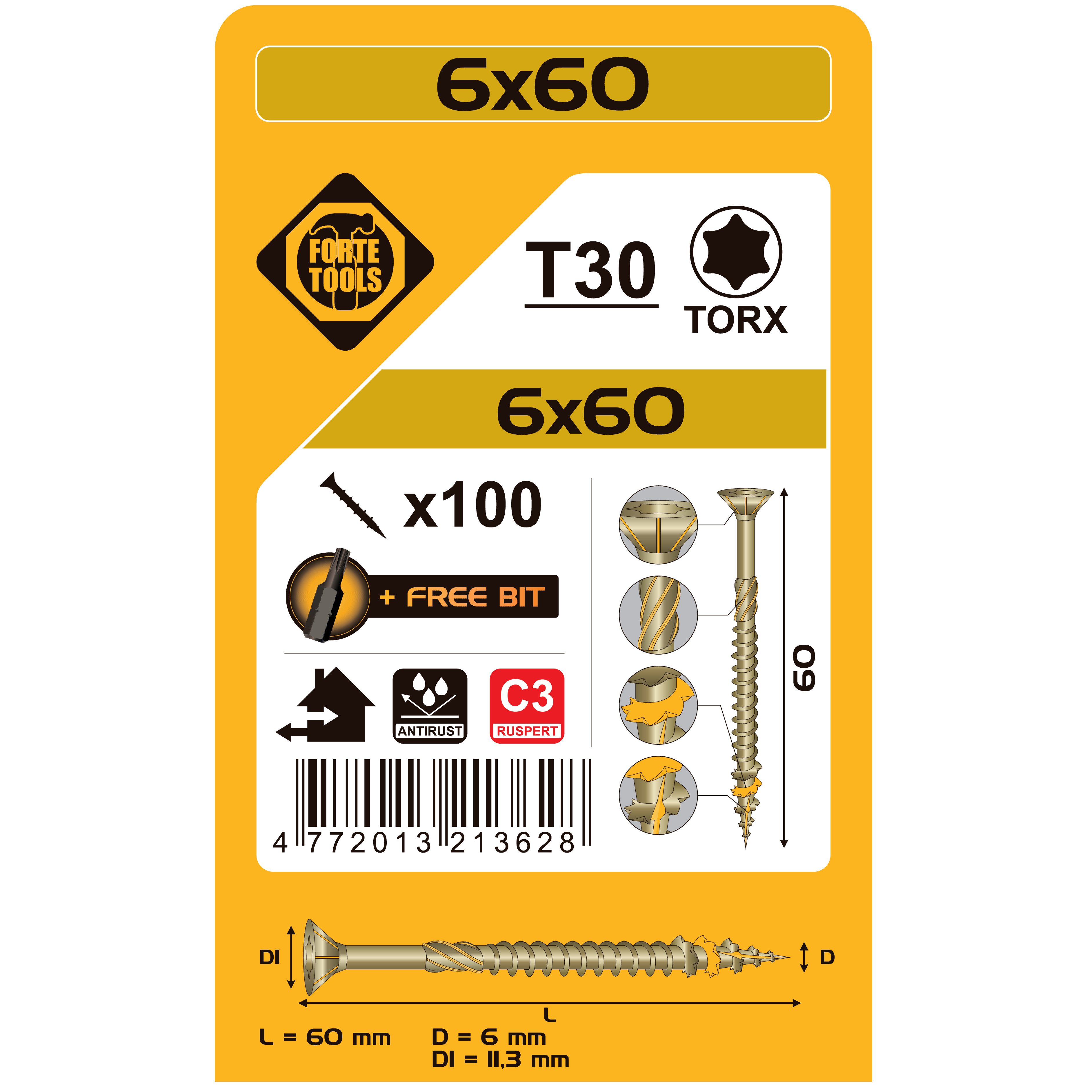 WOOD SCREWS 6 X60 MM RUSPERT TX30 100PCS.