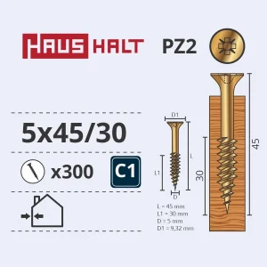 WOOD SCREW 5.0X45/30 YELLOW ZN (300)