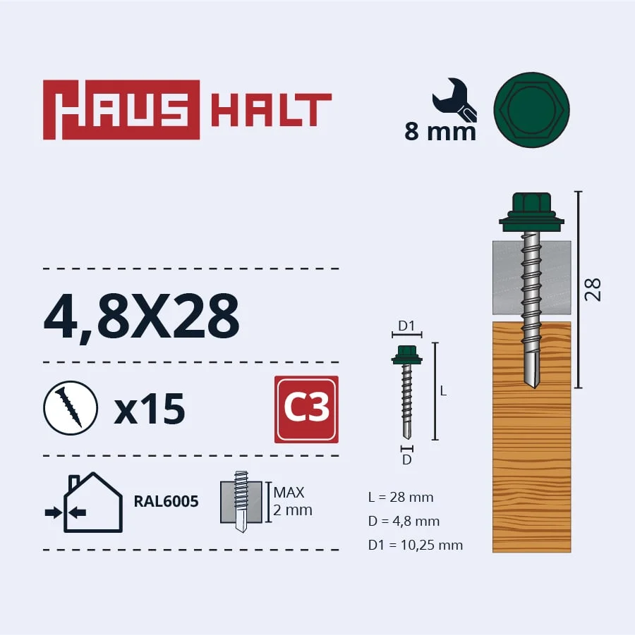 SKRŪV.PAŠ4,8X28KOKA+EPMD RAL6005 15GB BL