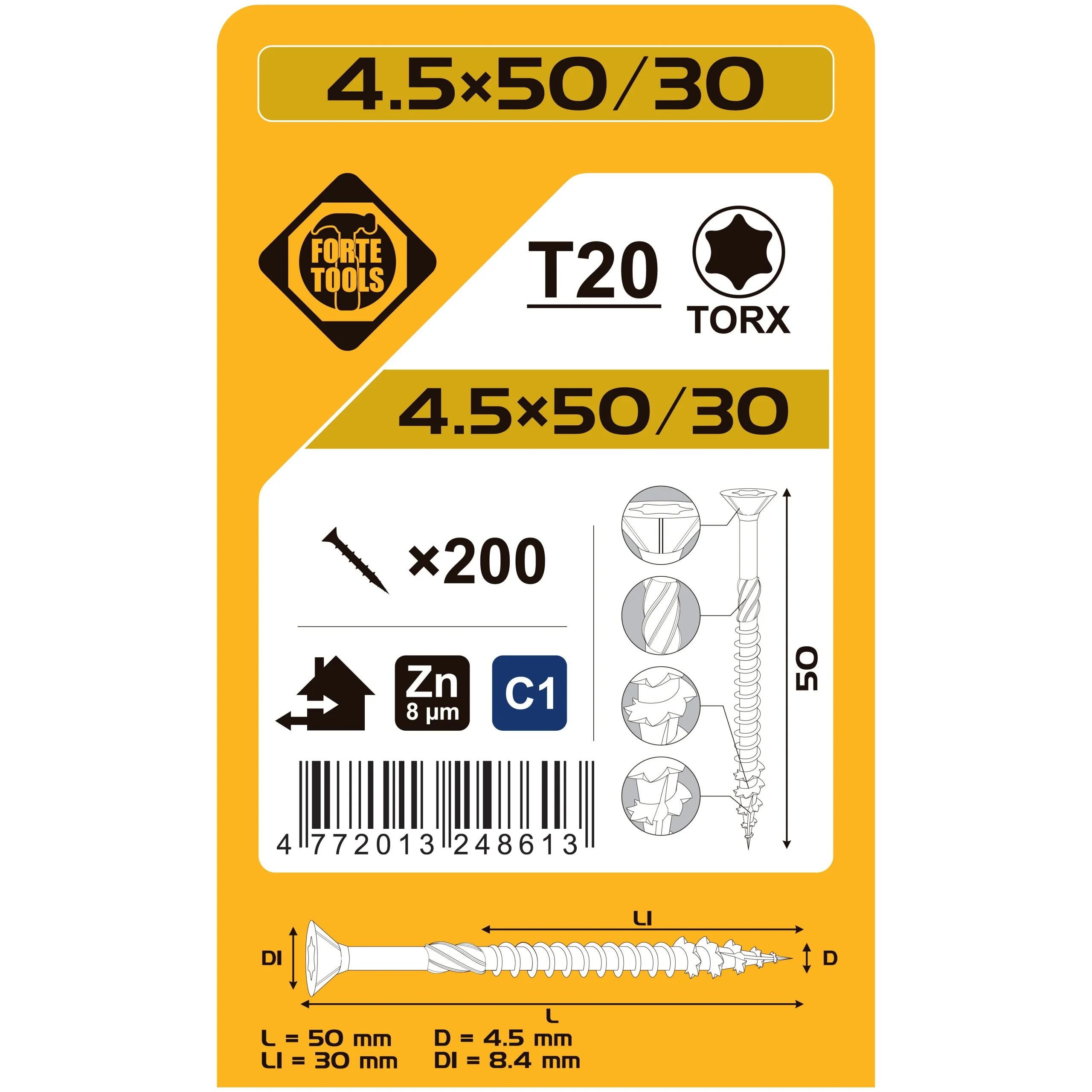WOOD SCREWS 4.5X50/30 MM ZN TX20 200PCS